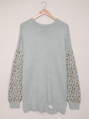  Leopard Print V Neck Long Sleeve Sweater Women's Plus Casual Sweater