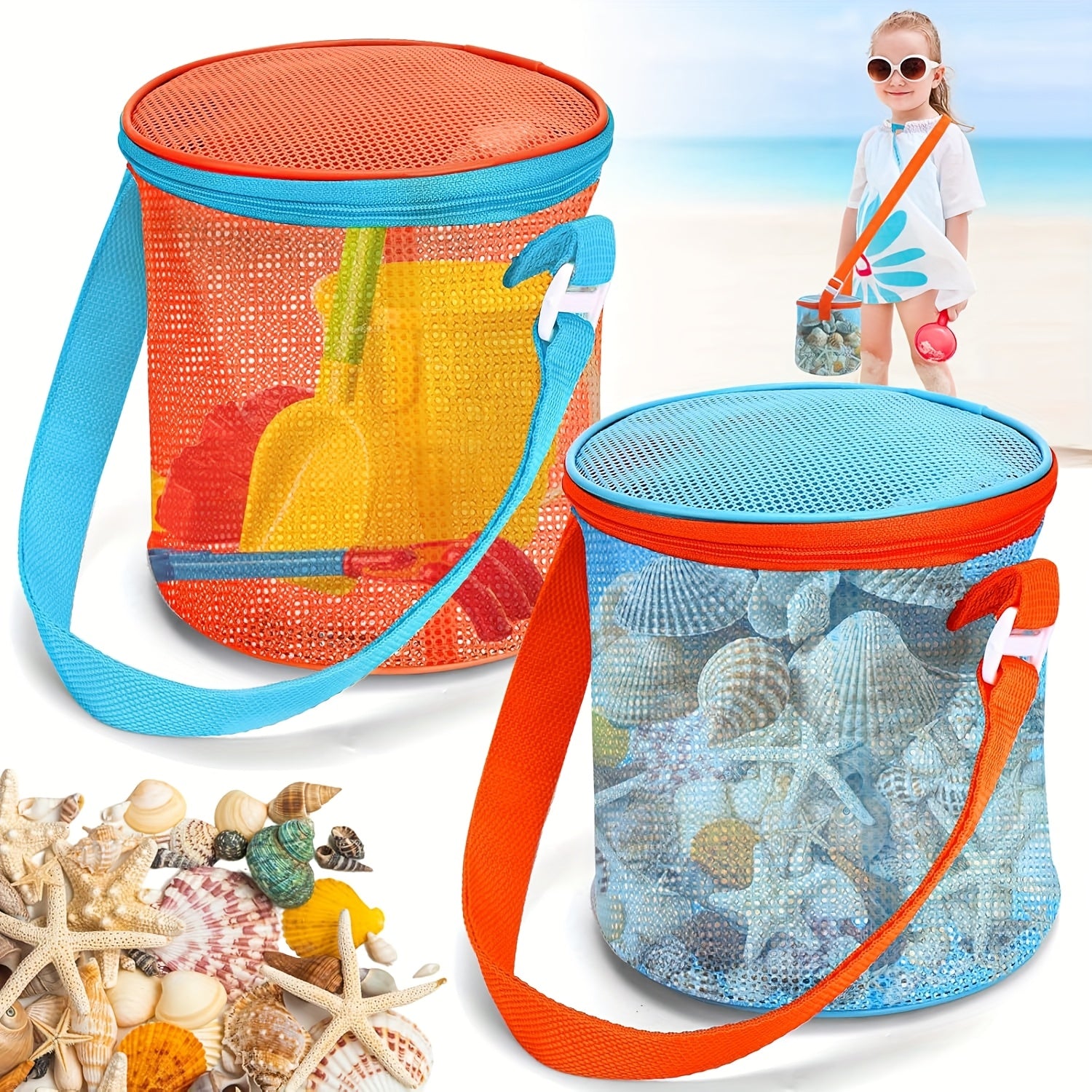 FFYUANFS Large Mesh Seashell & Sand Toys Beach Bag with Strap