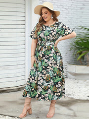 Plus Size Tropical Print V Neck Midi Dress