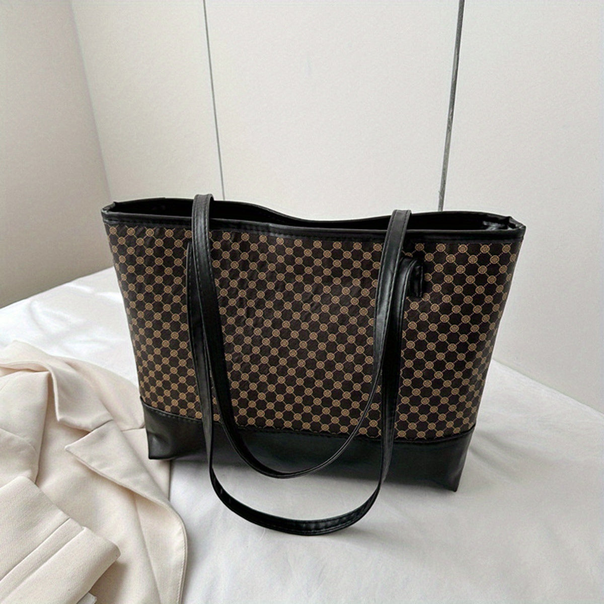 Vintage Geometric Print Tote Bag Large Capacity Retro Shoulder Bag