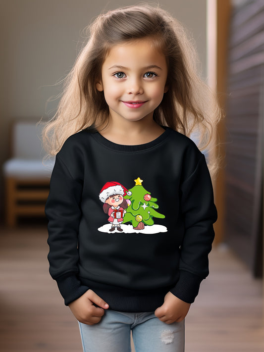 Christmas Girl And Tree Print Sweatshirt Long Sleeve Crew Neck Tops