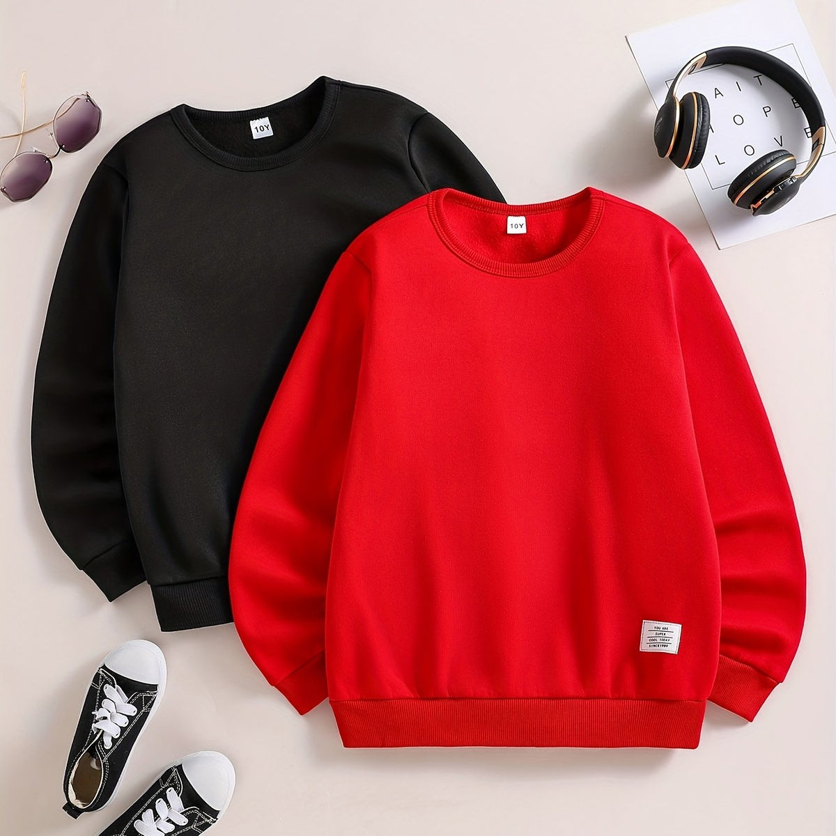 2pcs Boys Casual Pullover Sweatshirt Long Sleeve Crew Neck Tops