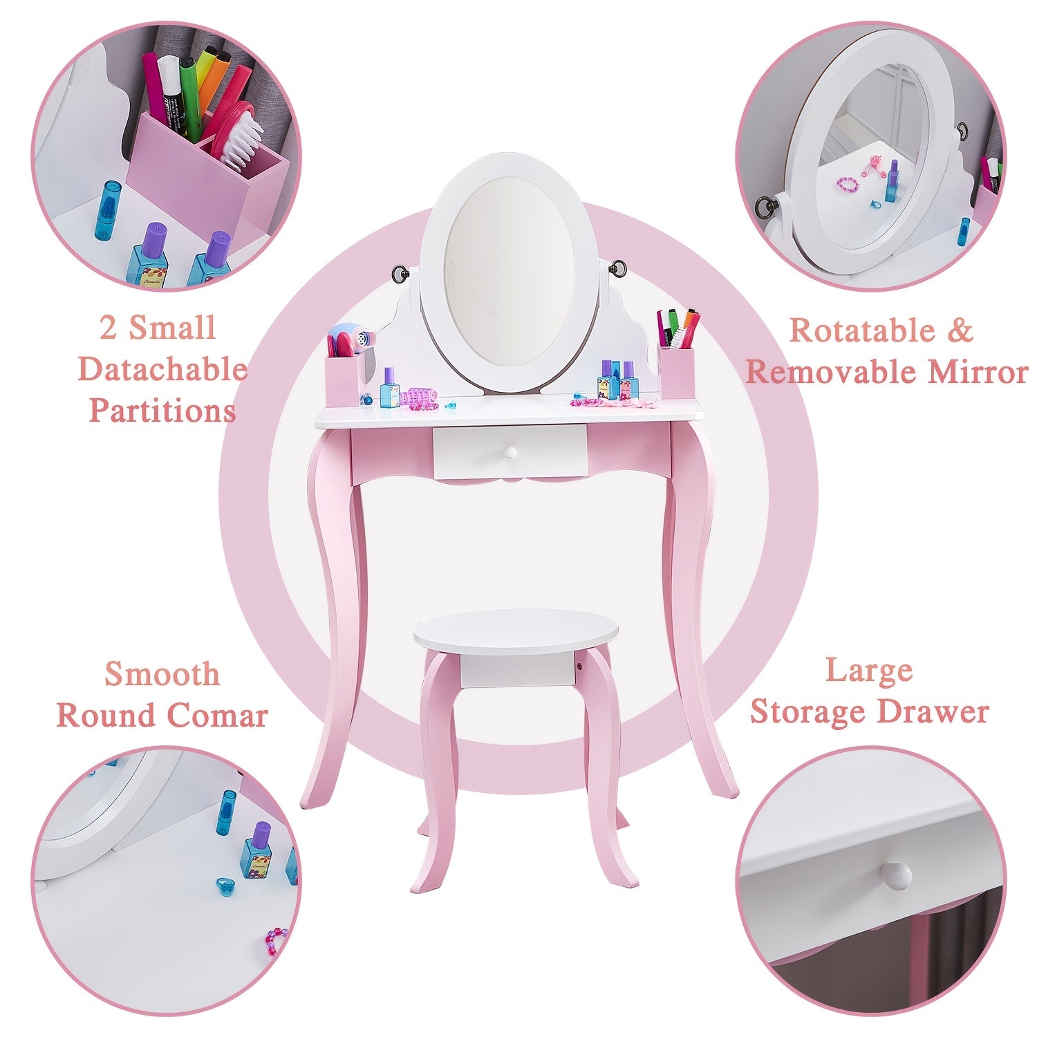 Girls Vanity Set with Mirror and Stool 2 in 1 Top Rotatable Mirror