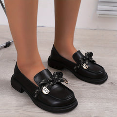 Women's Bowknot Chunky Heel Loafers Slip On Shoes