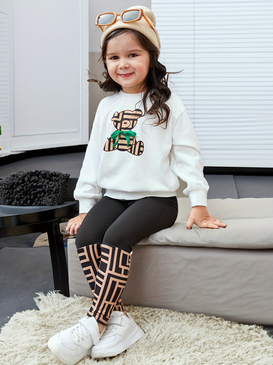 Girl's Geometric Bear Outfit 2pcs Set Spring Fall