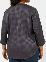  Women's Houndstooth Print Roll Up Long Sleeve Blouse