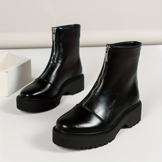 Women's Platform Ankle Boots Front Zipper Round Toe Combat Boots