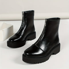 Women's Platform Ankle Boots Front Zipper Round Toe Combat Boots