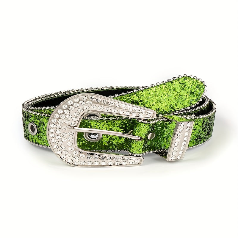 Green Sequin Sparkling Y2K Belt Big Eyelet Hollow Out Punk Rhinestone PU Belt