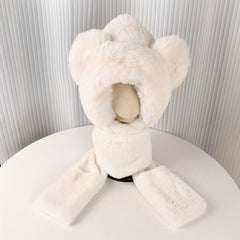 Women's Plush Bear Head Hat Scarf Gloves Set for Winter