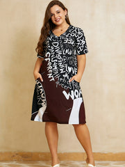 Women's Plus Colorblock Letter Print V Neck Dress With Pockets