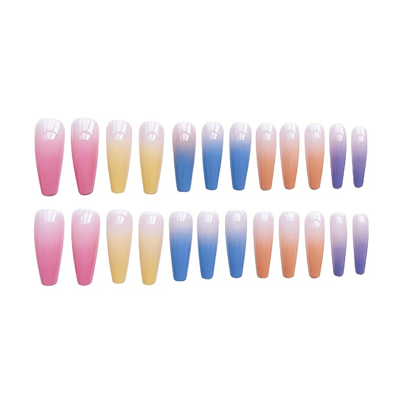 24 Rainbow Gradient Coffin Long Press On Nails Acrylic Ballerina False Nails