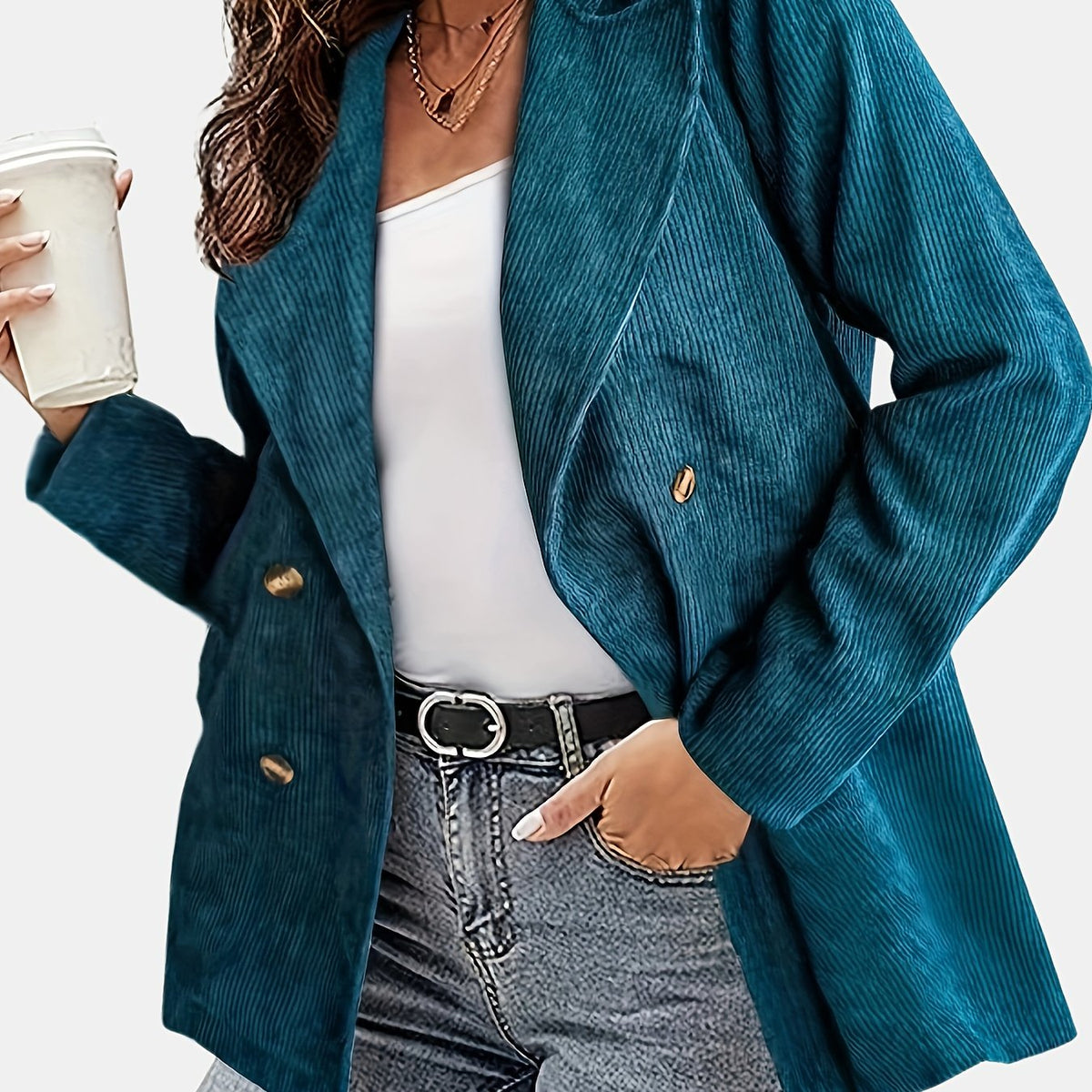  Corduroy Lapel Collar Long Sleeve Double Breast Blazer