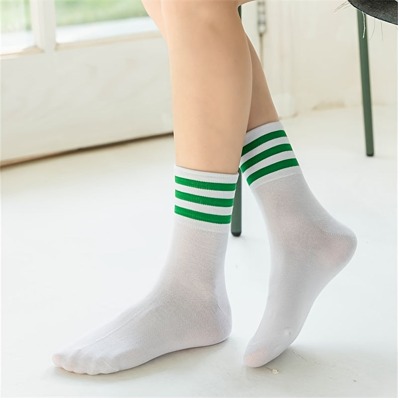 5 Pairs Breathable Striped Crew Socks Women's Stockings