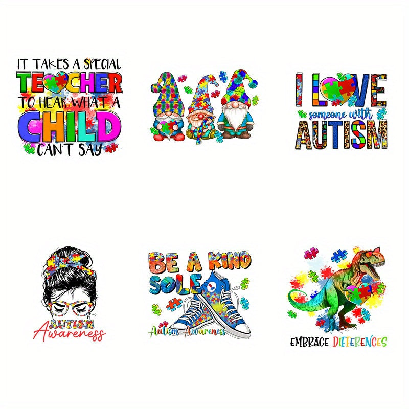 6pcs Autism Iron on Transfer DIY Stickers for Clothing & Jackets