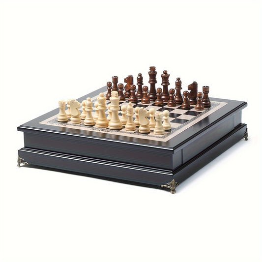 Wooden Int'l Chess Set w/ Storage Drawer Plus 2 Extra Queens Classic Board Game