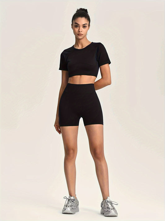 Yoga Workout Set: Crop T-shirt & Running Suit - Women's Activewear