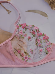  Floral Embroidered Mesh Bra & Panty Lingerie Set