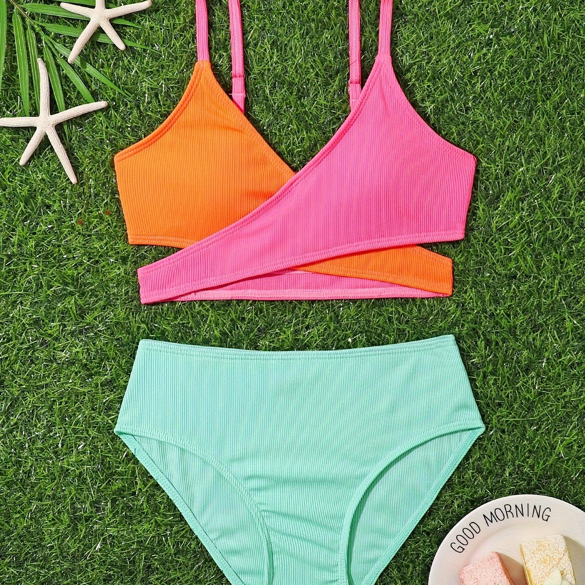 Girls Splicing Top Solid Briefs Bikini Set Beach Vacation Gift