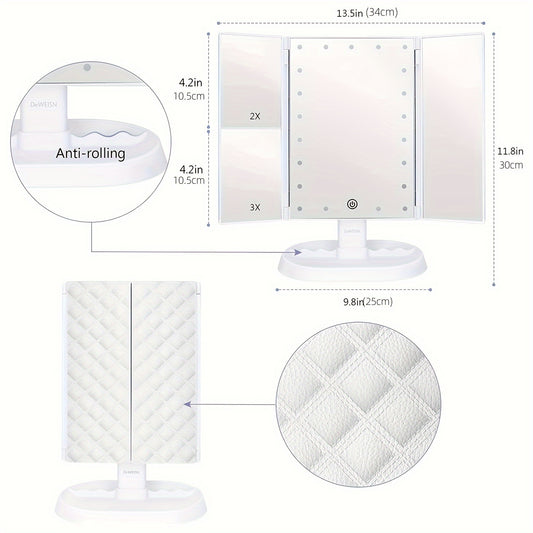 LED Trifold Vanity Makeup Mirror 3x Magnification Touch Screen Dimming