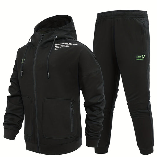 Men's Comfy Hooded Jacket & Stretch Pants Set for Outdoor Zipper Pocket
