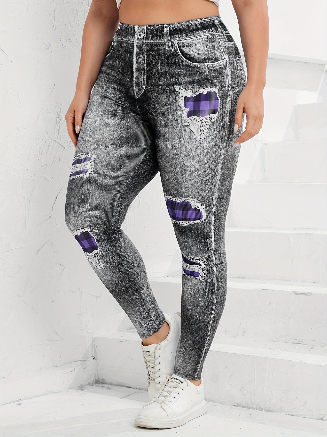  Denim Print Ripped High Waist Leggings Women's Casual