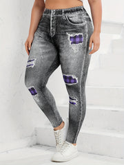  Denim Print Ripped High Waist Leggings Women's Casual