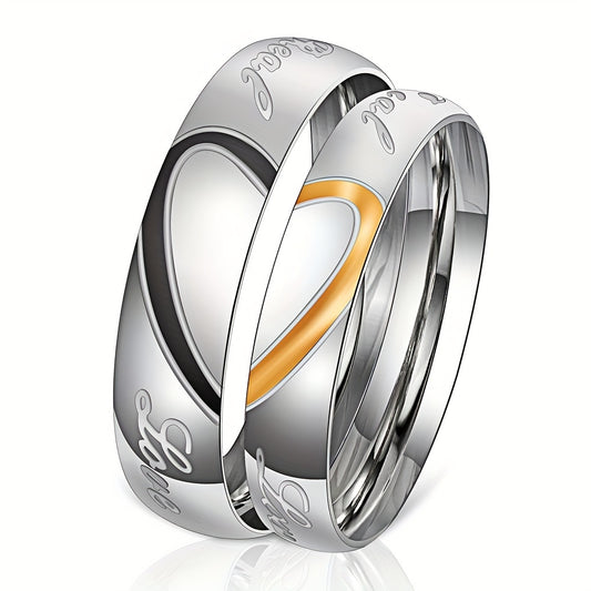 Stainless Steel Couple's Ring Set Double Heart for Weddings