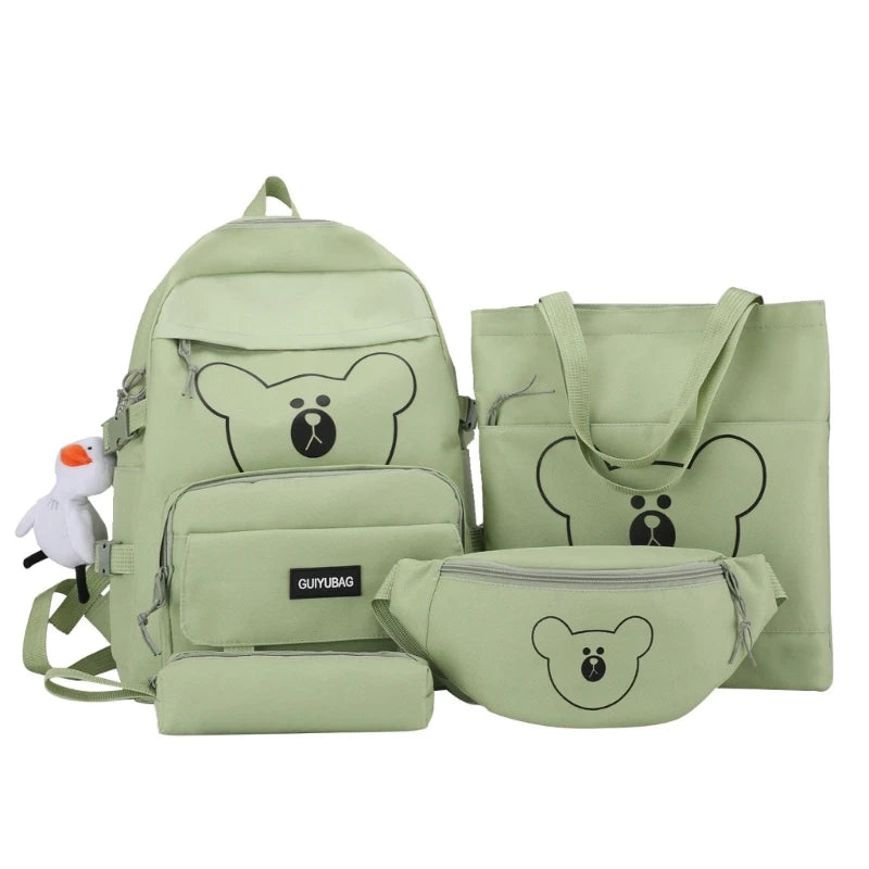 4pc Bear School Backpack Waist Bag Pencil Case Bookbag for Teen Girls