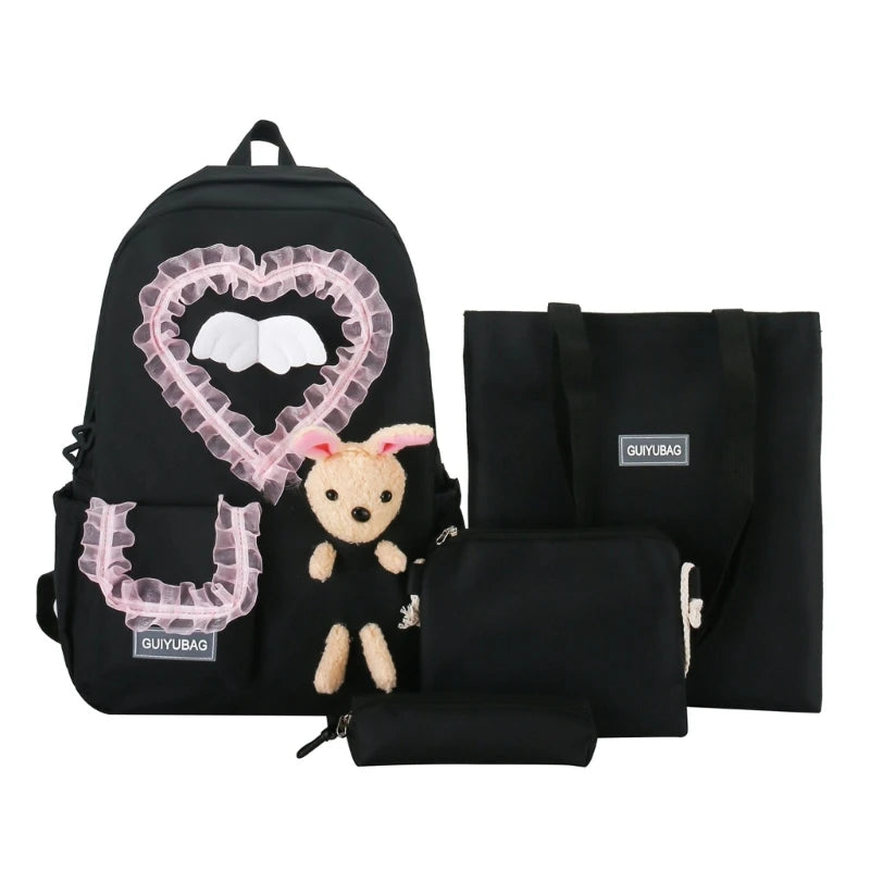 4pcs Lace School Backpack with Shoulder Bag Pencil Case Book Bags