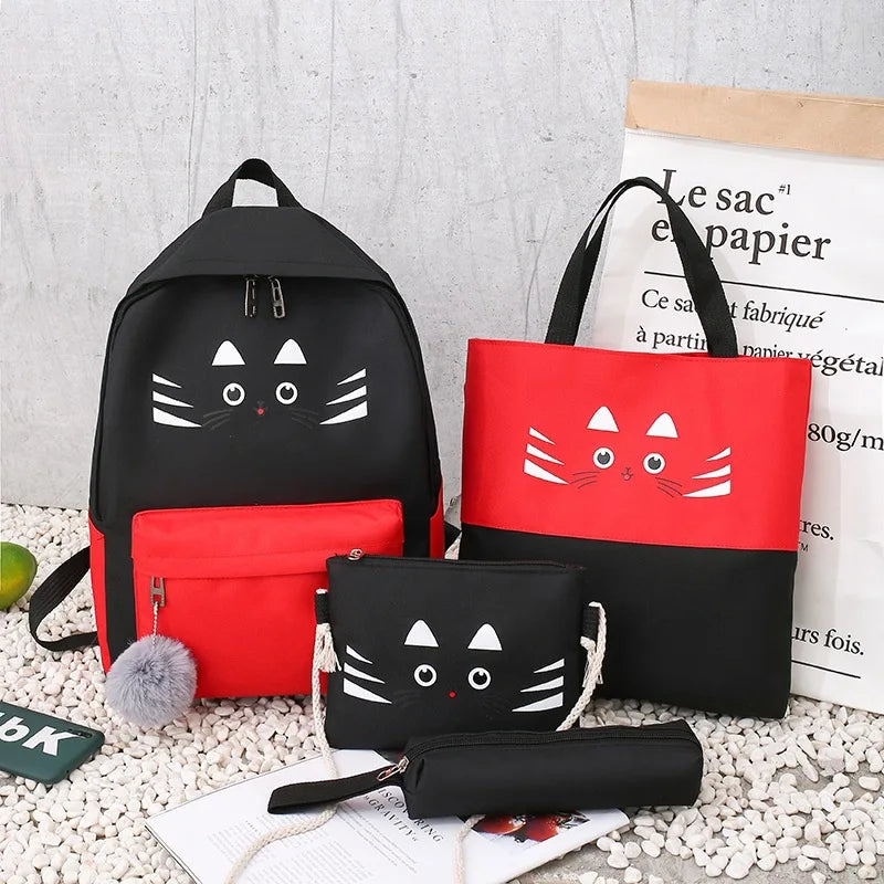 Cat Canvas School Backpack Set for Girls Boys Teenagers, 4pcs