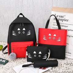 Cat Canvas School Backpack Set for Girls Boys Teenagers, 4pcs