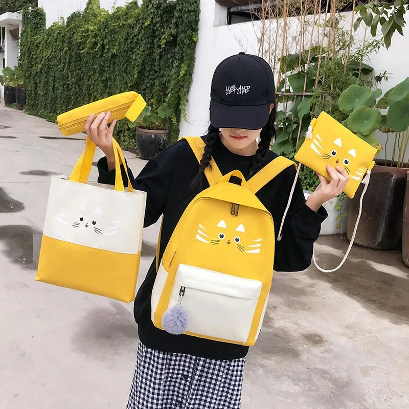 Cat Canvas School Backpack Set for Girls Boys Teenagers, 4pcs