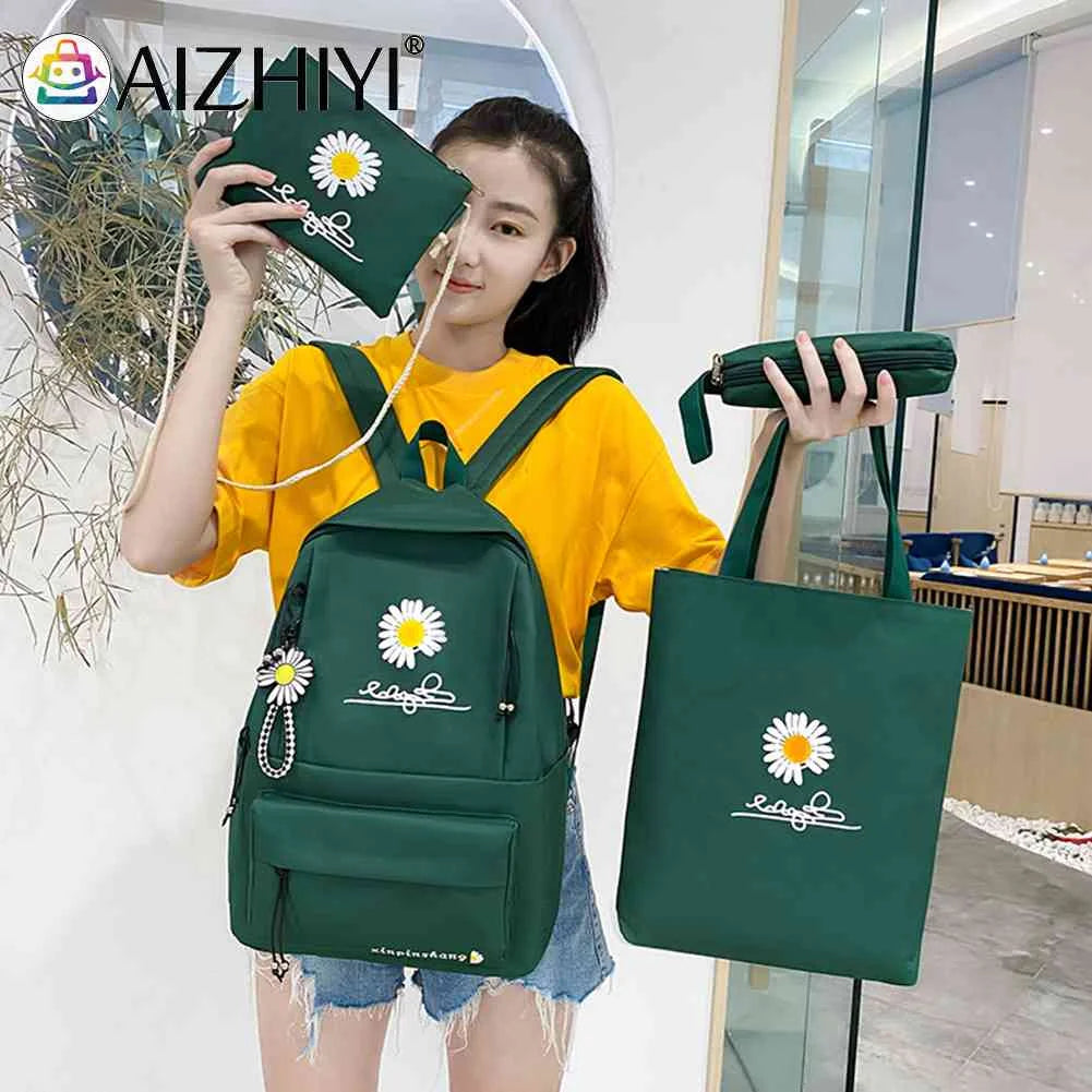 Preppy Style Daisy Print Backpack Set Canvas School Rucksack Girls Travel Bags