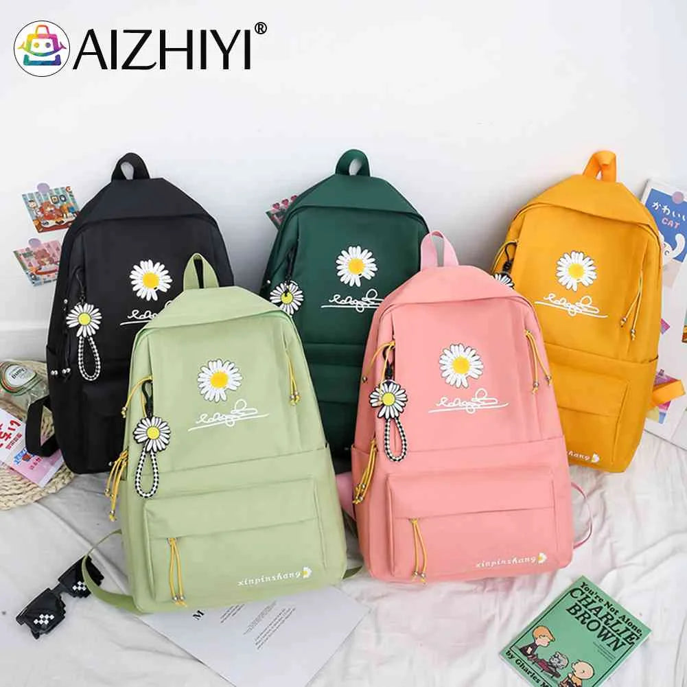 Preppy Style Daisy Print Backpack Set Canvas School Rucksack Girls Travel Bags