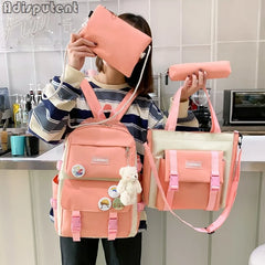 Canvas Student Backpack Set Large Capacity School Bags For Girls