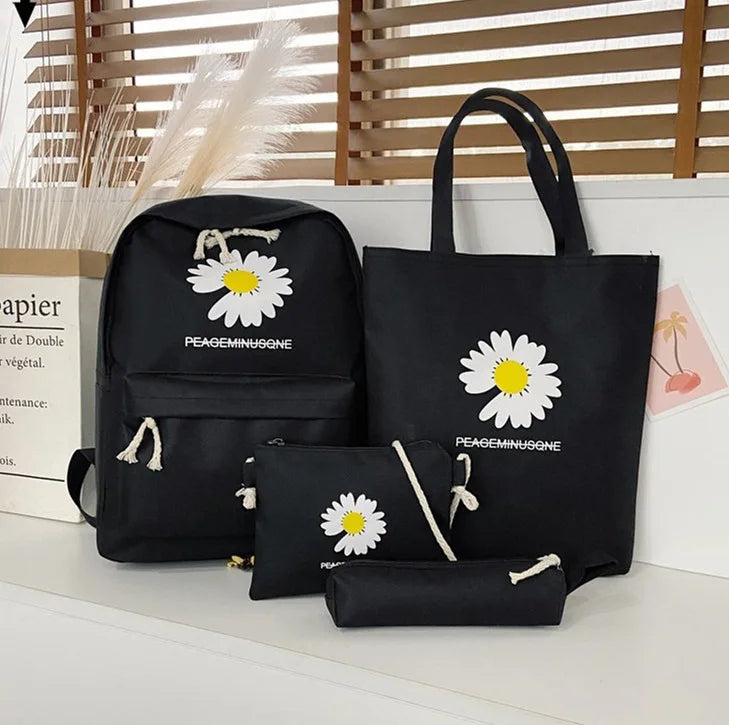 Daisy Print Backpack and Stationery Set Nylon Women Shoulder Bag