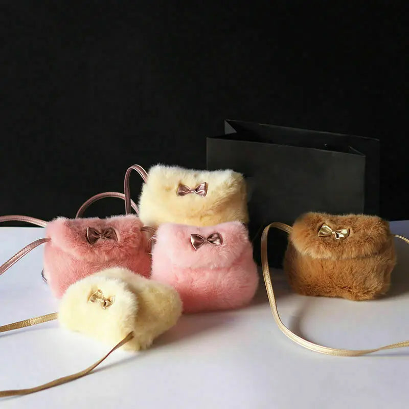 Girls Kids Purse Bowknot Mini Fur Children Handbags Cross Body Handbag