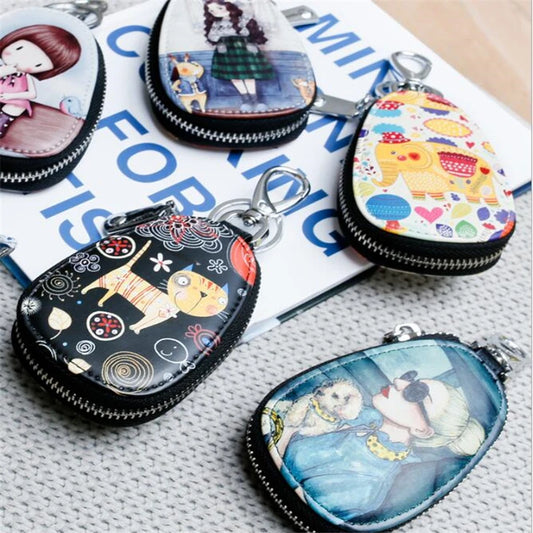 Women's Painted PU Leather Key Wallet with Keychain Pouch