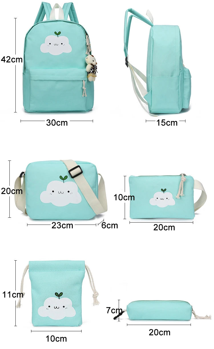 5 Pcs Set Girls Canvas Backpacks for Teenage Girls School Bags