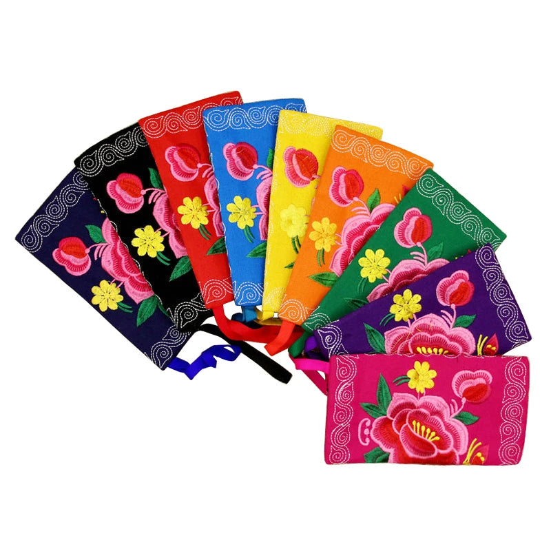 Ethnic Style Embroidered Flowers Canvas Wallet Key Case