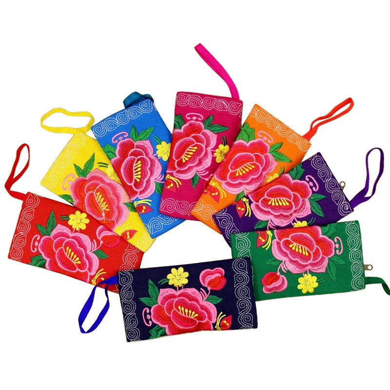 Ethnic Style Embroidered Flowers Canvas Wallet Key Case