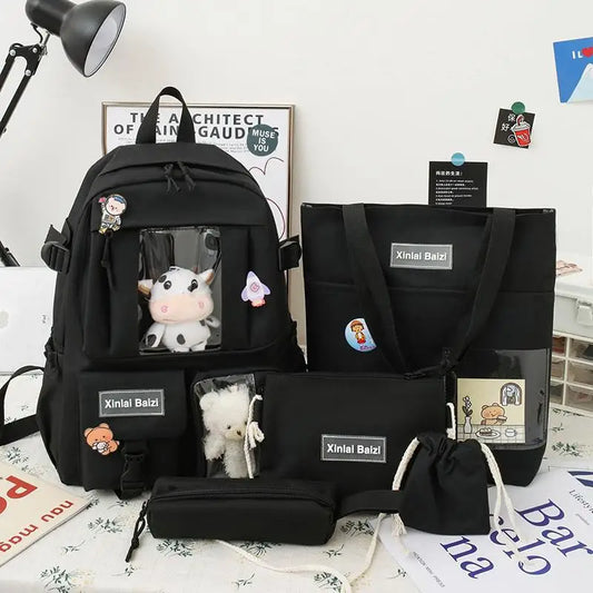 5-Piece Canvas Lightweight Travel Backpacks Women's Backpack Cartoon Schoolbag