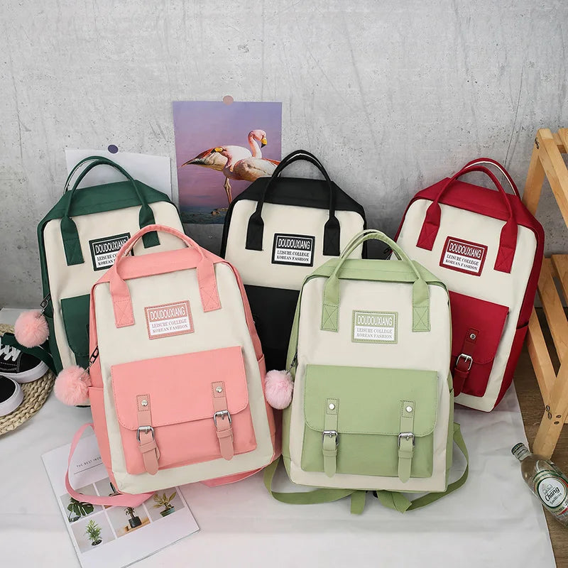 5pc High School Bags for Teenage Girls Canvas Travel Backpack Women Bookbags