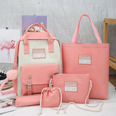 5pc High School Bags for Teenage Girls Canvas Travel Backpack Women Bookbags