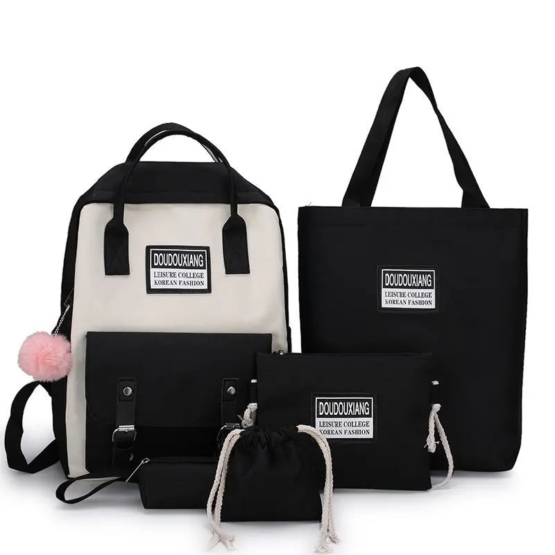 5 Piece Women Nylon Backpack Waterproof School Bags Patchwork Rucksack Mochila