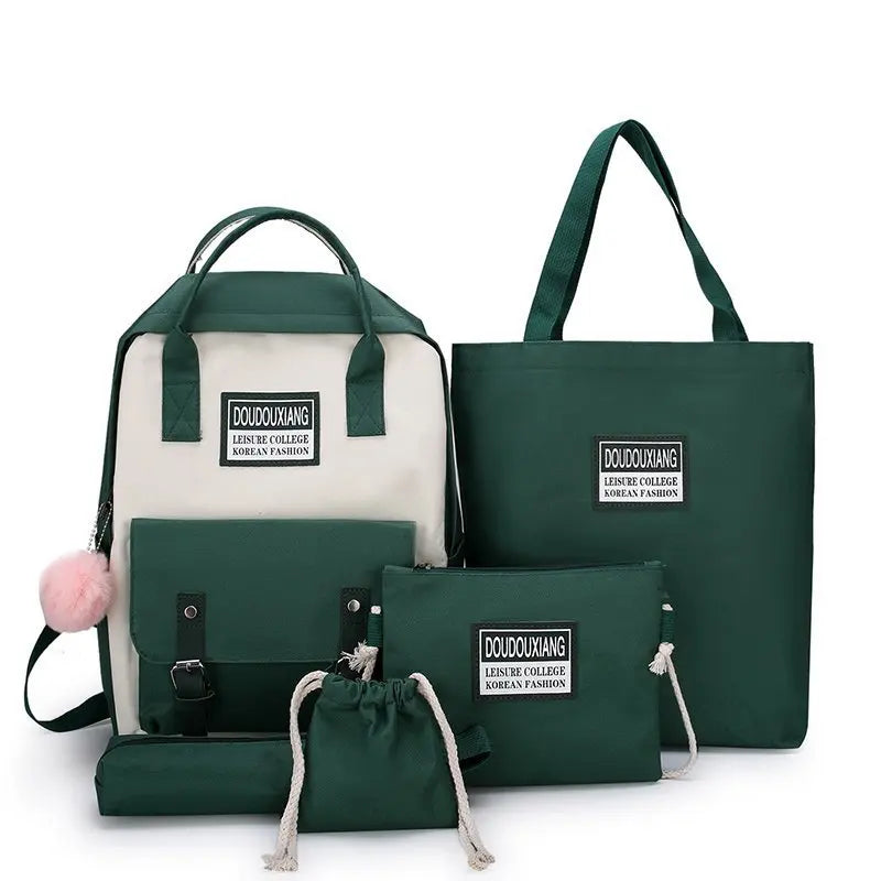 5 Piece Women Nylon Backpack Waterproof School Bags Patchwork Rucksack Mochila