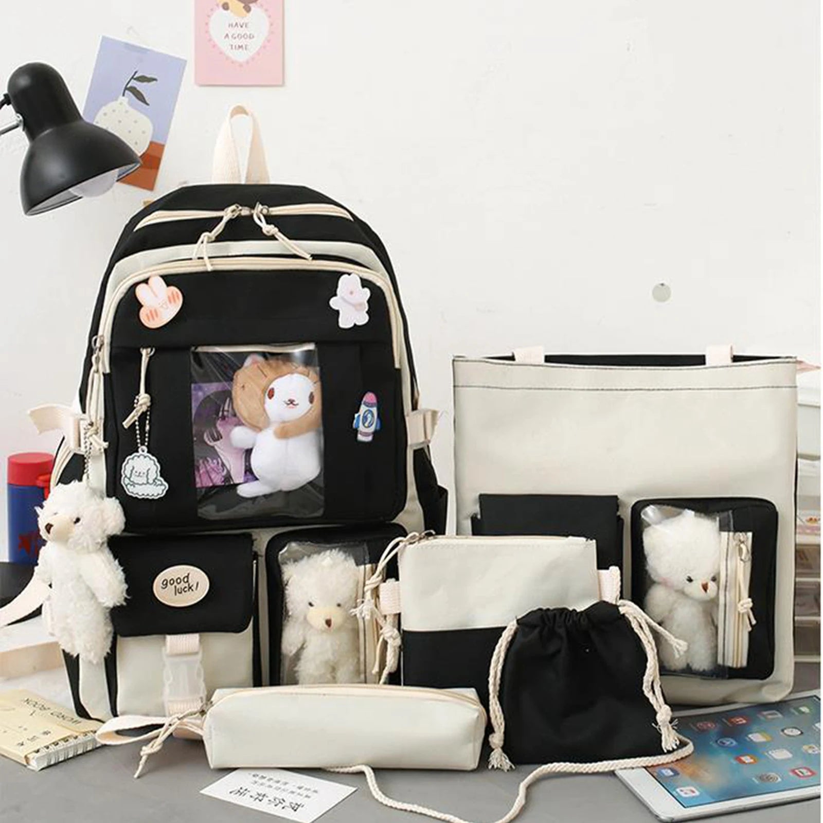 5-Piece Girls Bag Sets with Cartoon Doll Backpack, Shoulder Bag, Wallet