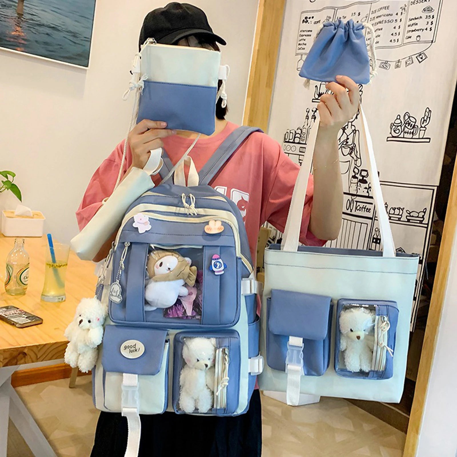 5-Piece Girls Bag Sets with Cartoon Doll Backpack, Shoulder Bag, Wallet