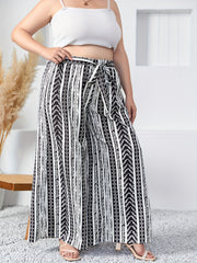  Colorblock Geometric Print Wide Leg Pants With Belt
